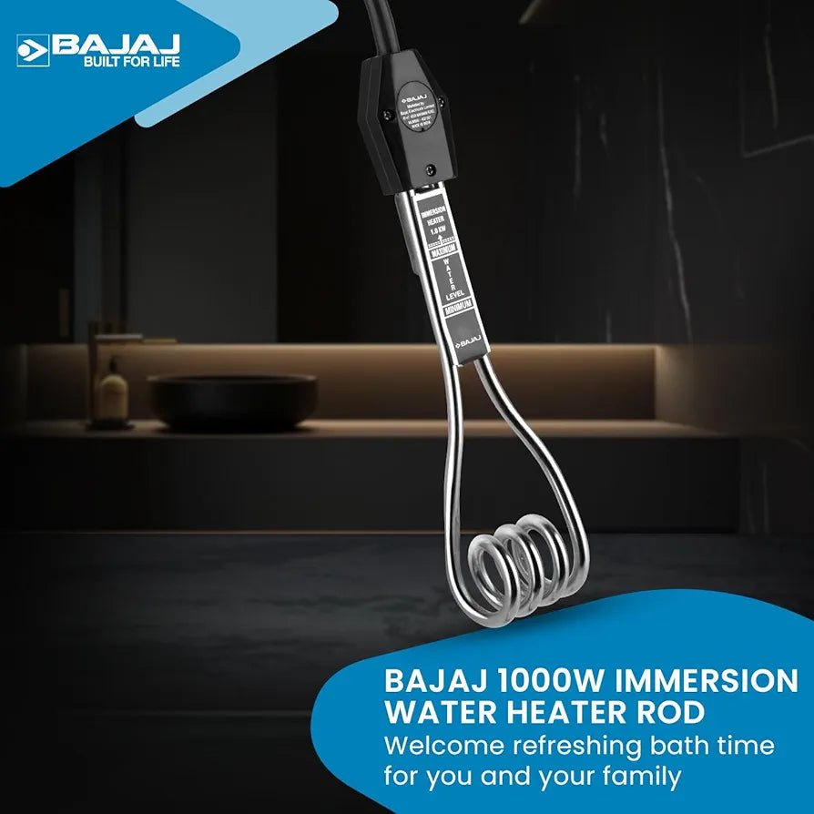 Bajaj Copper 1000 W Immersion Rod Heater For Home|Water Heater Rod For Efficient Heating|With Anti-Corrosive Nickel Plating|ISI Approvel Safety & Quality|2-Yr Warranty|Black/silver